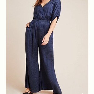 Anthropologie navy blue‎ Jacquard leopard print satin jumpsuit romper NWT